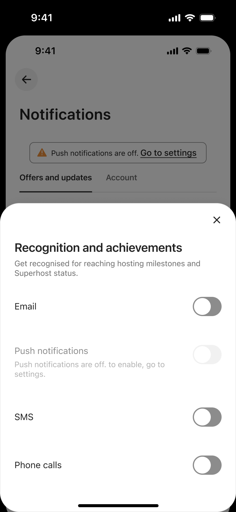 Bottom sheet for one notification category with email, push, SMS and phone toggles off; push disabled.