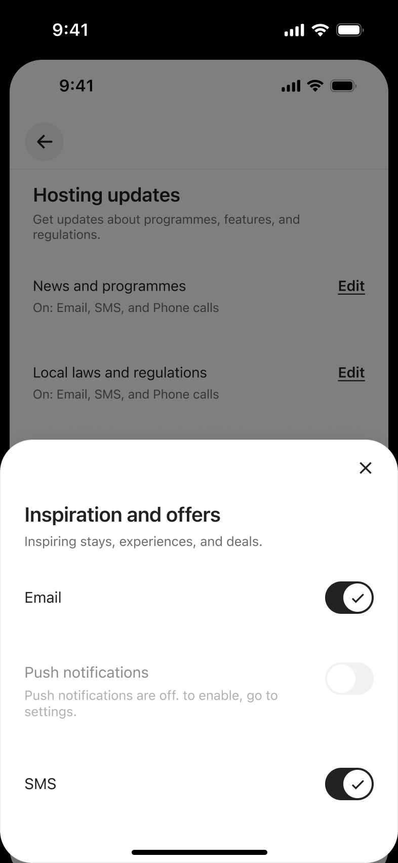 Inspiration and offers sheet with email and SMS toggles switched on.