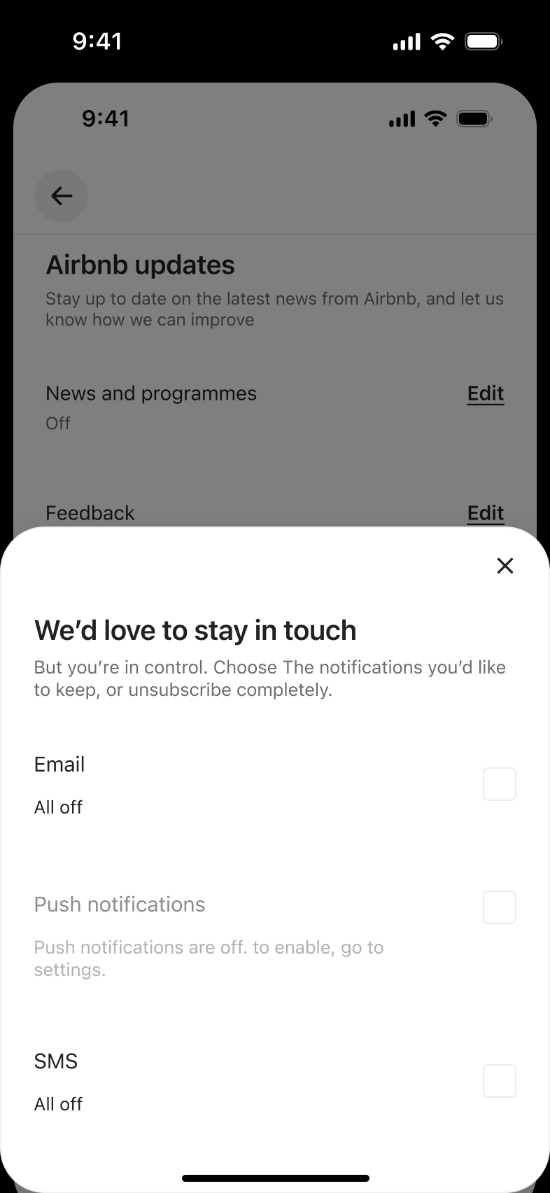 Stay-in-touch sheet before unsubscribing, offering per-channel checkboxes.