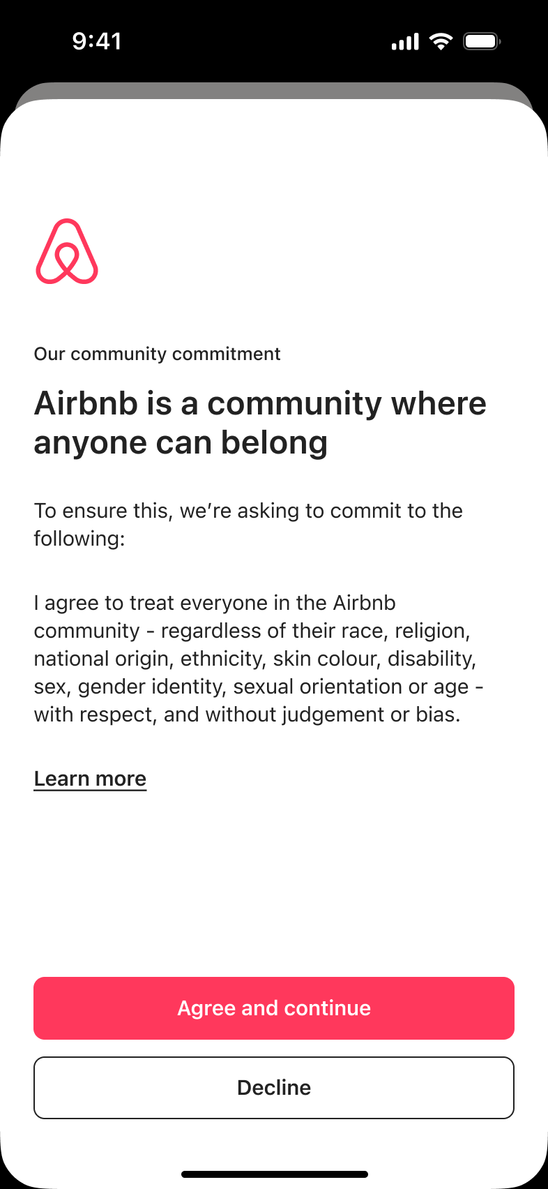 Community commitment: agree to treat everyone with respect and without bias, with agree and decline buttons.