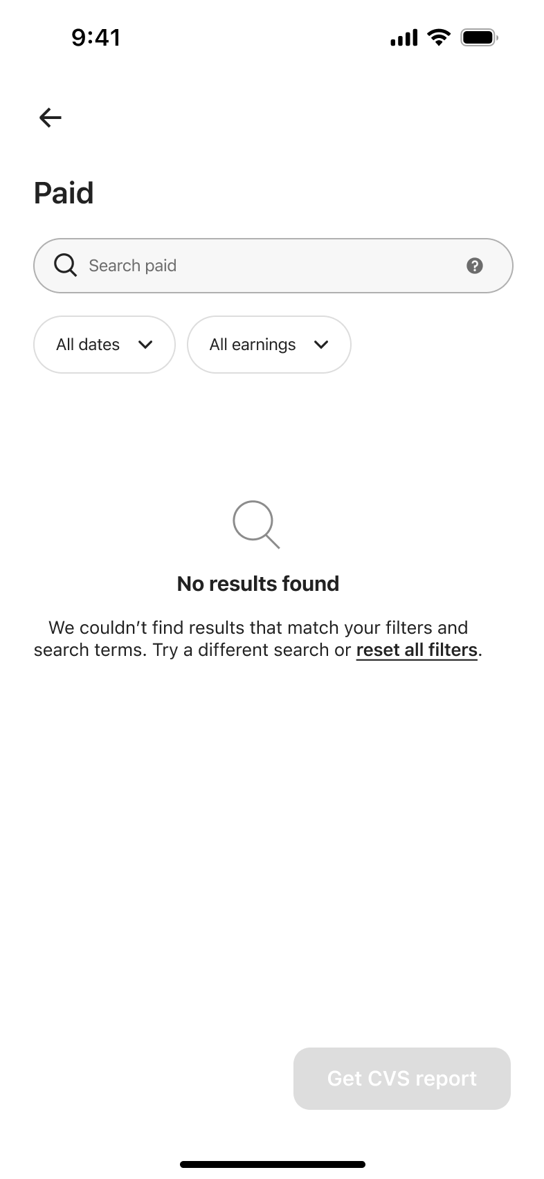 Paid transactions search with date and earnings filters, no results found.