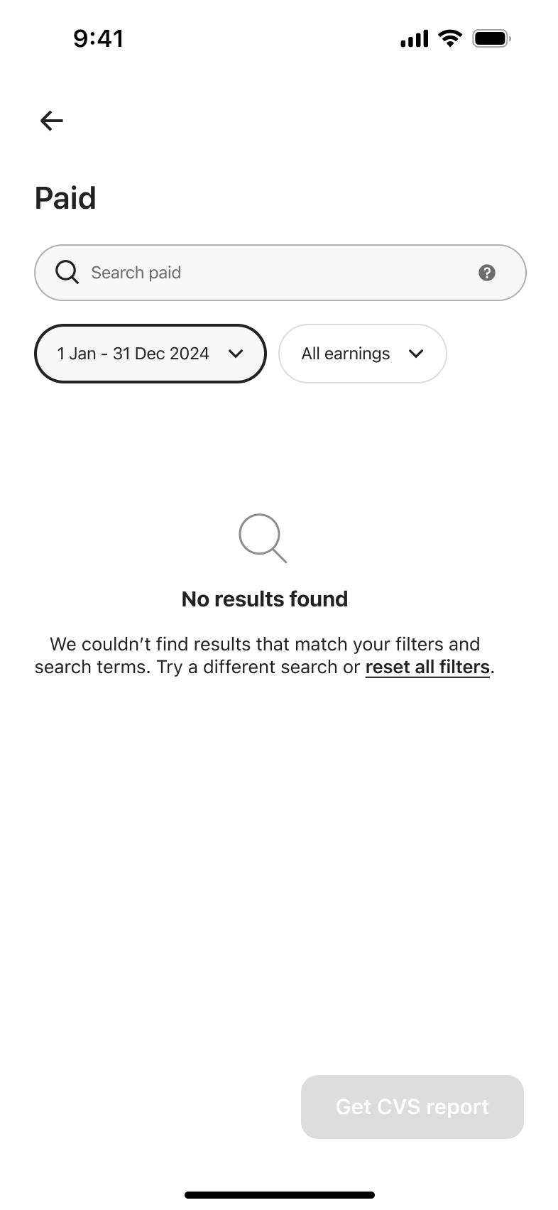 Paid transactions filtered by date range with no results.