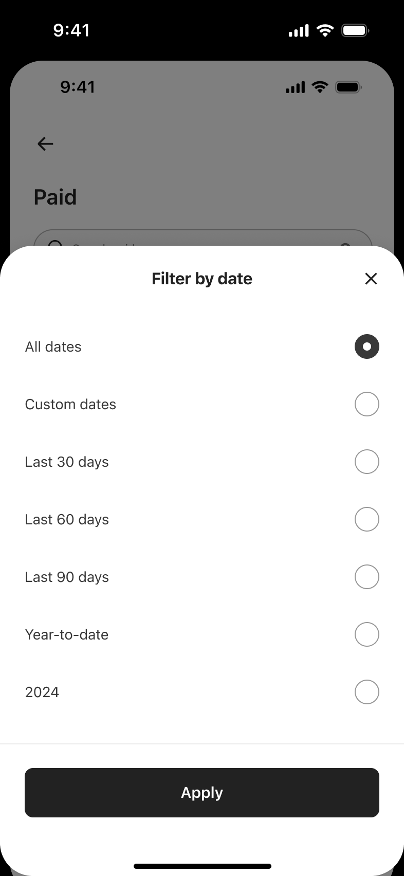 Filter by date sheet: all dates, custom, last 30, 60, 90 days and year options.