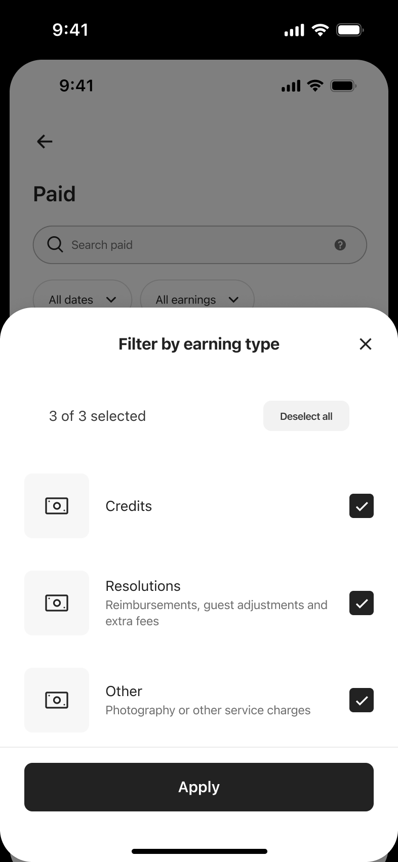 Filter by earning type sheet with credits, resolutions and other all ticked.