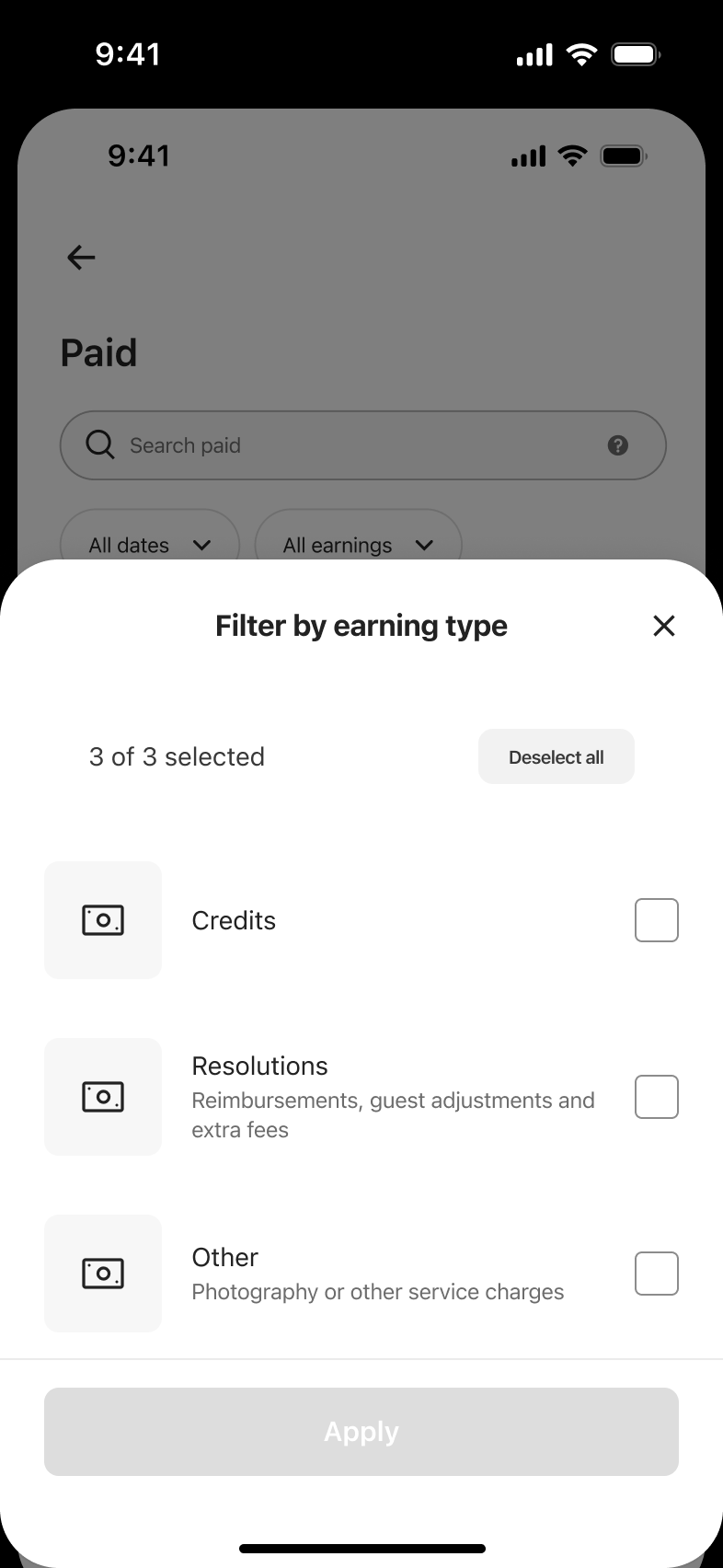 Filter by earning type with all types deselected and apply disabled.
