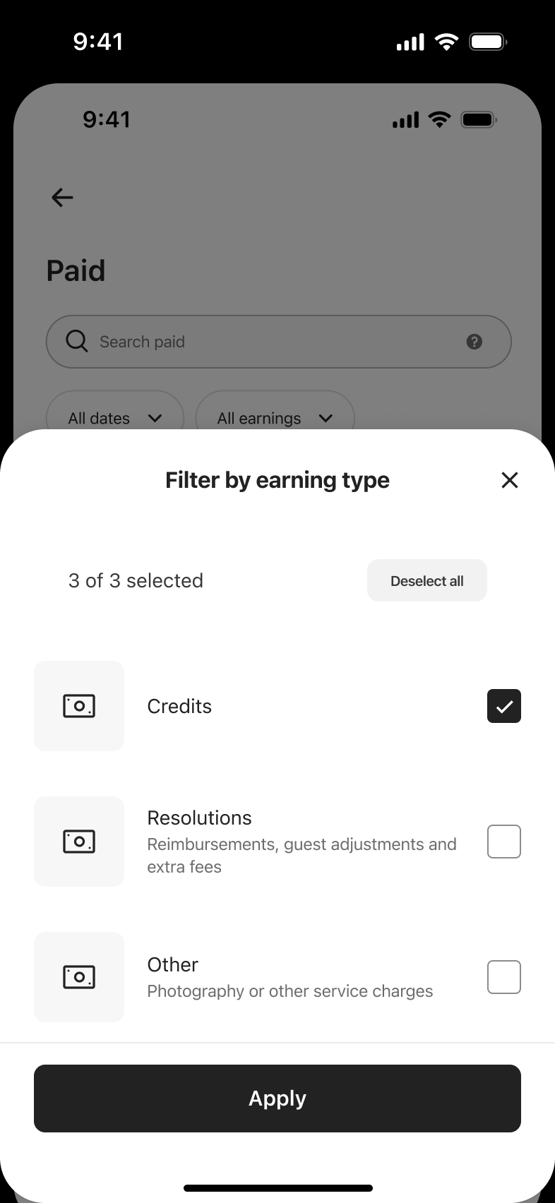 Filter by earning type with only credits ticked.