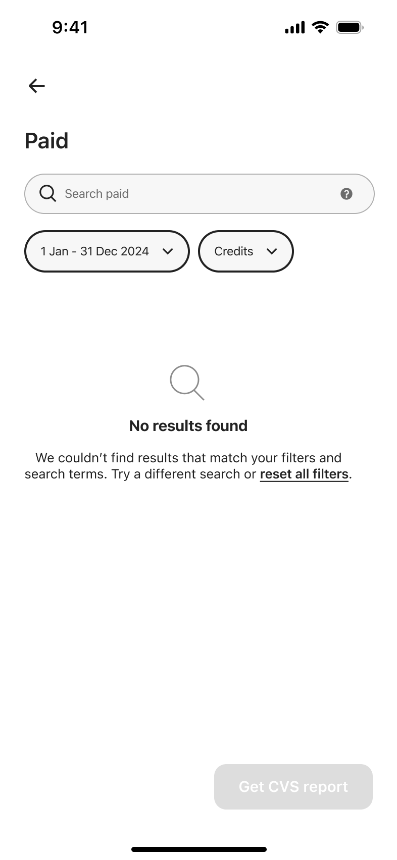 Paid transactions with date and credits filters applied and no results.