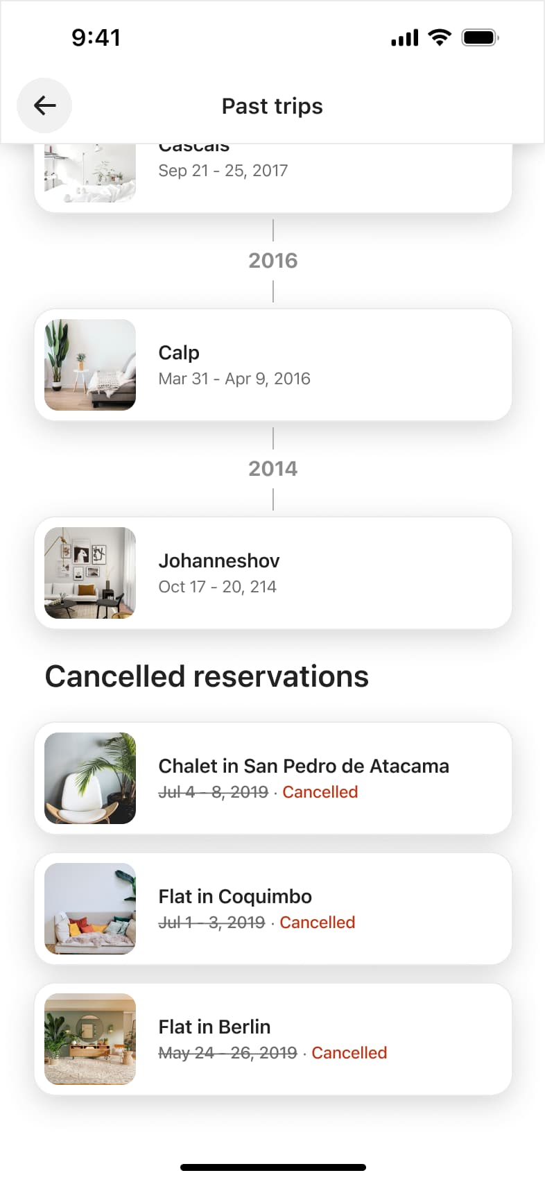 Past trips scrolled to older years and cancelled reservations marked cancelled.