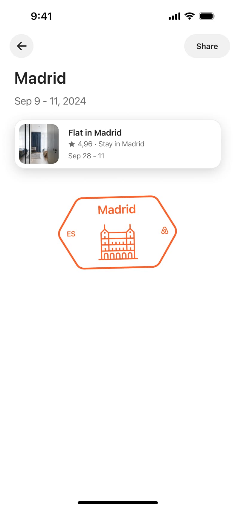 Past trip summary with stay card and city stamp illustration.