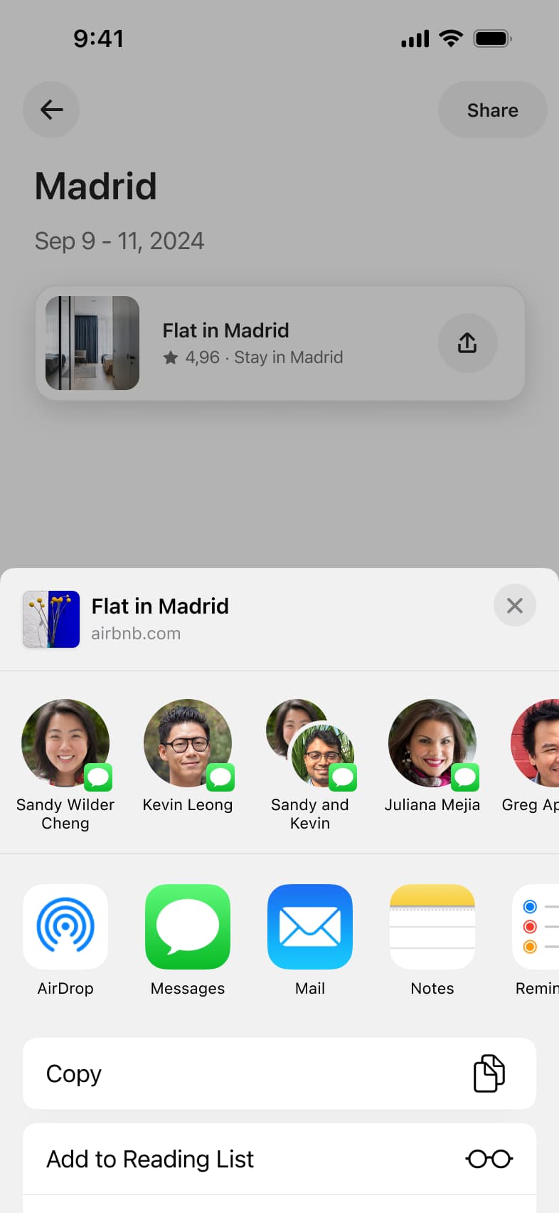 Share sheet for a stay link with contacts and apps.