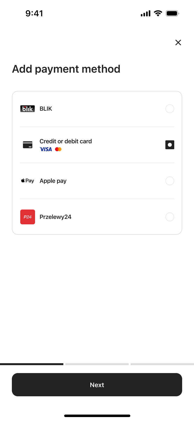 Add payment method list: bank transfer, card, wallet and local pay options.