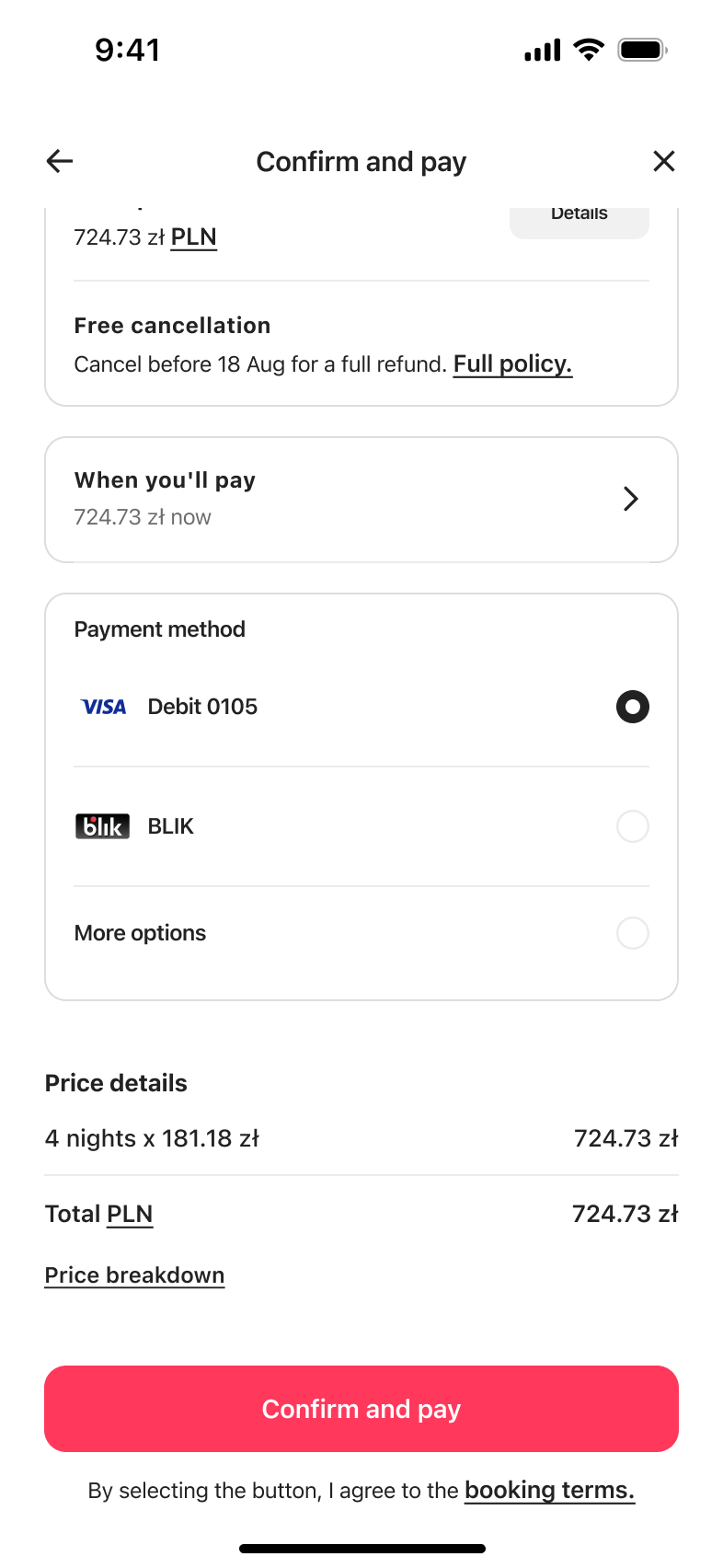 Confirm and pay scrolled to payment method choice and price details breakdown.