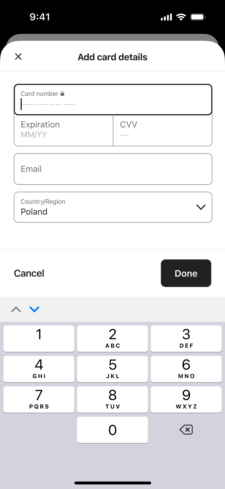 Add card details form with card number focused and numeric keypad.