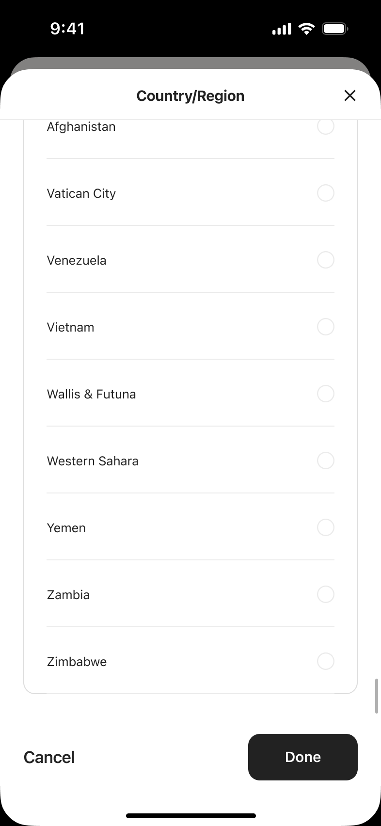 Country or region picker scrolled to the end of the alphabetical list.