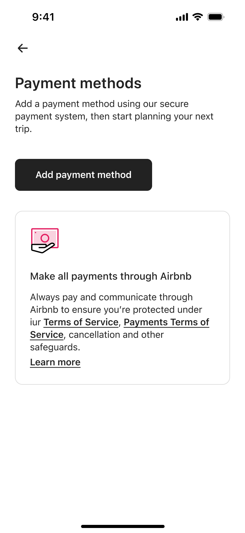 Payment methods with no saved methods, add payment method button and pay-through-platform safety card.