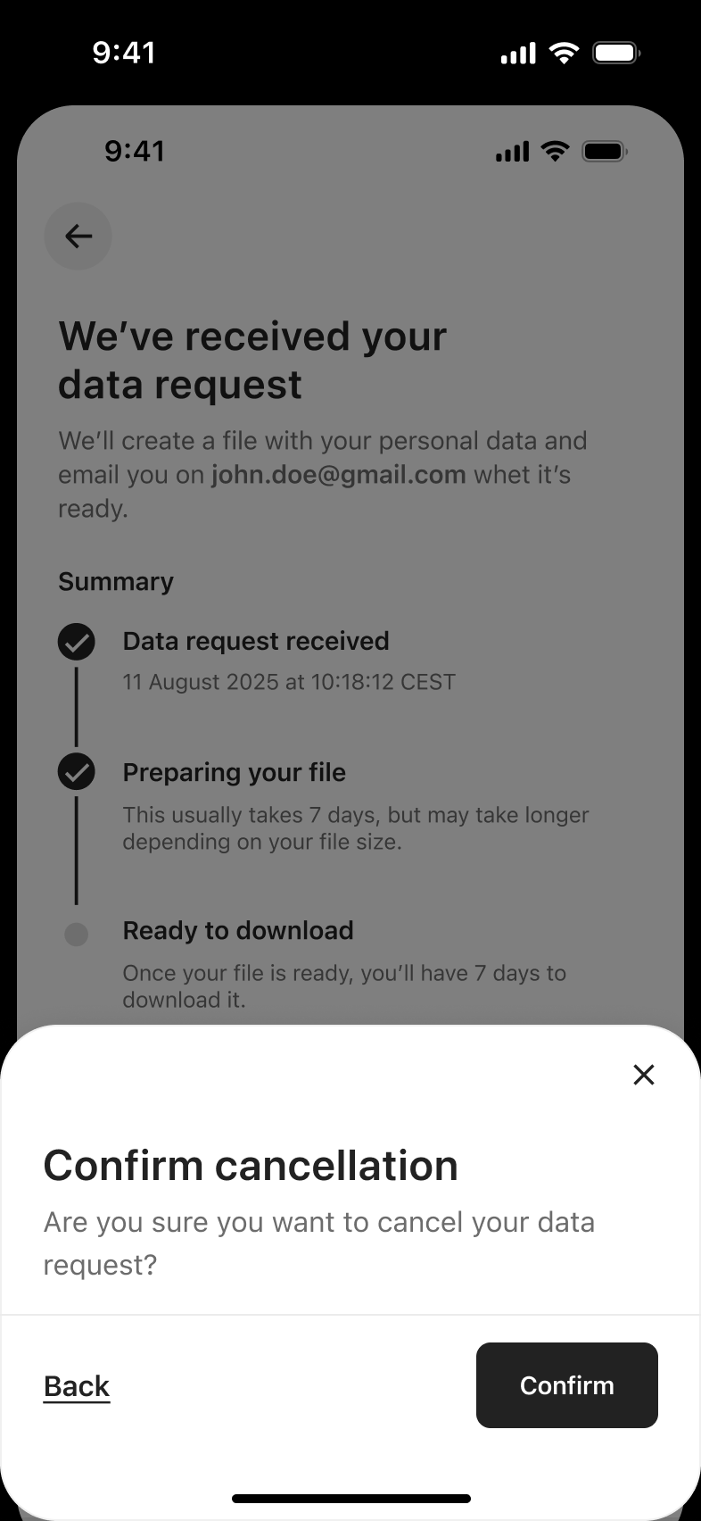 Confirm cancellation sheet for a personal data request.