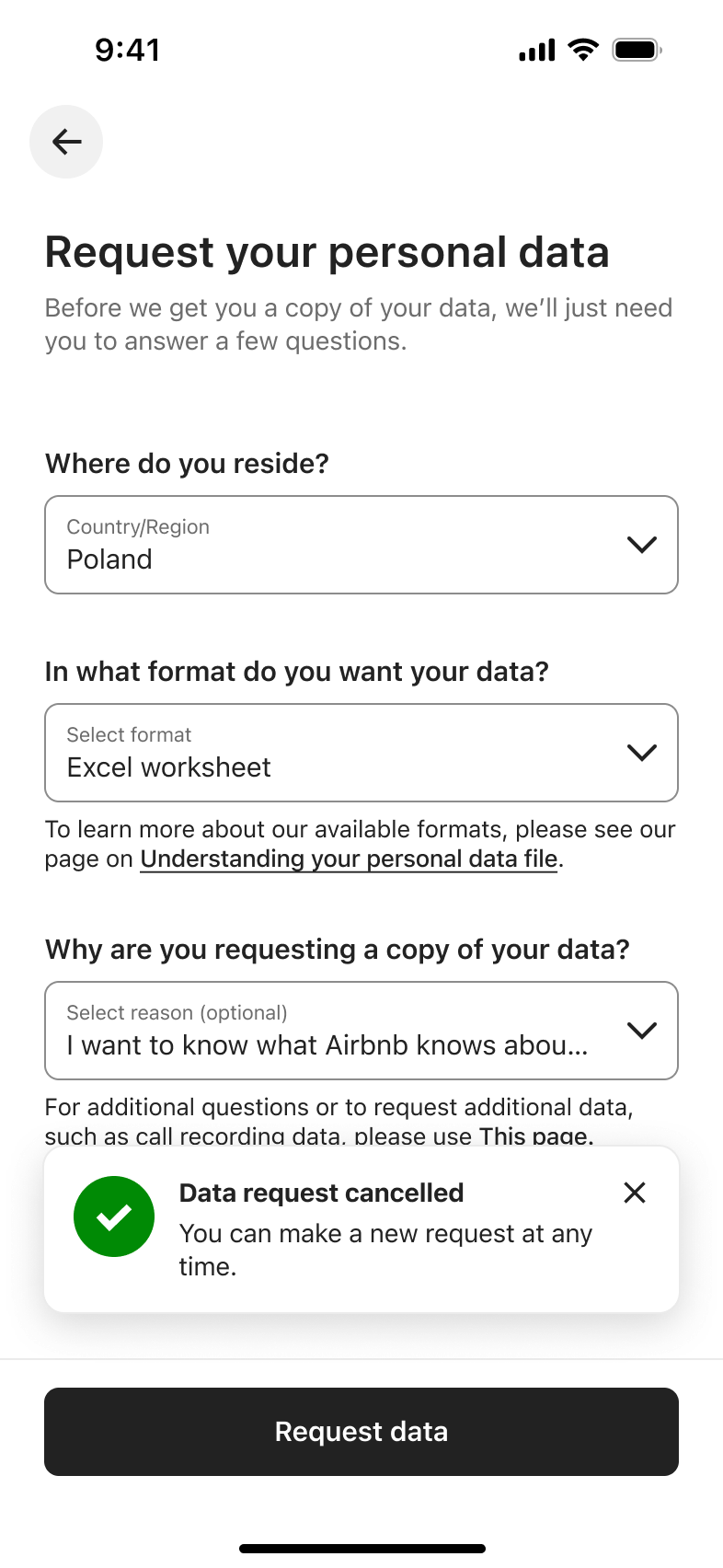 Data request form with toast confirming the request was cancelled.