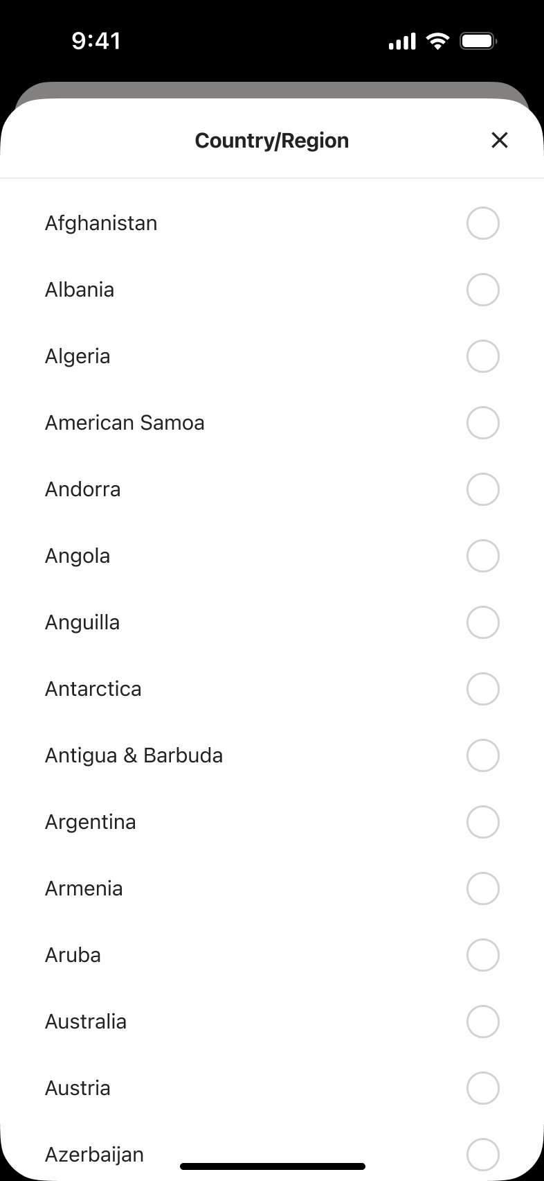 Country or region picker sheet with radio list.
