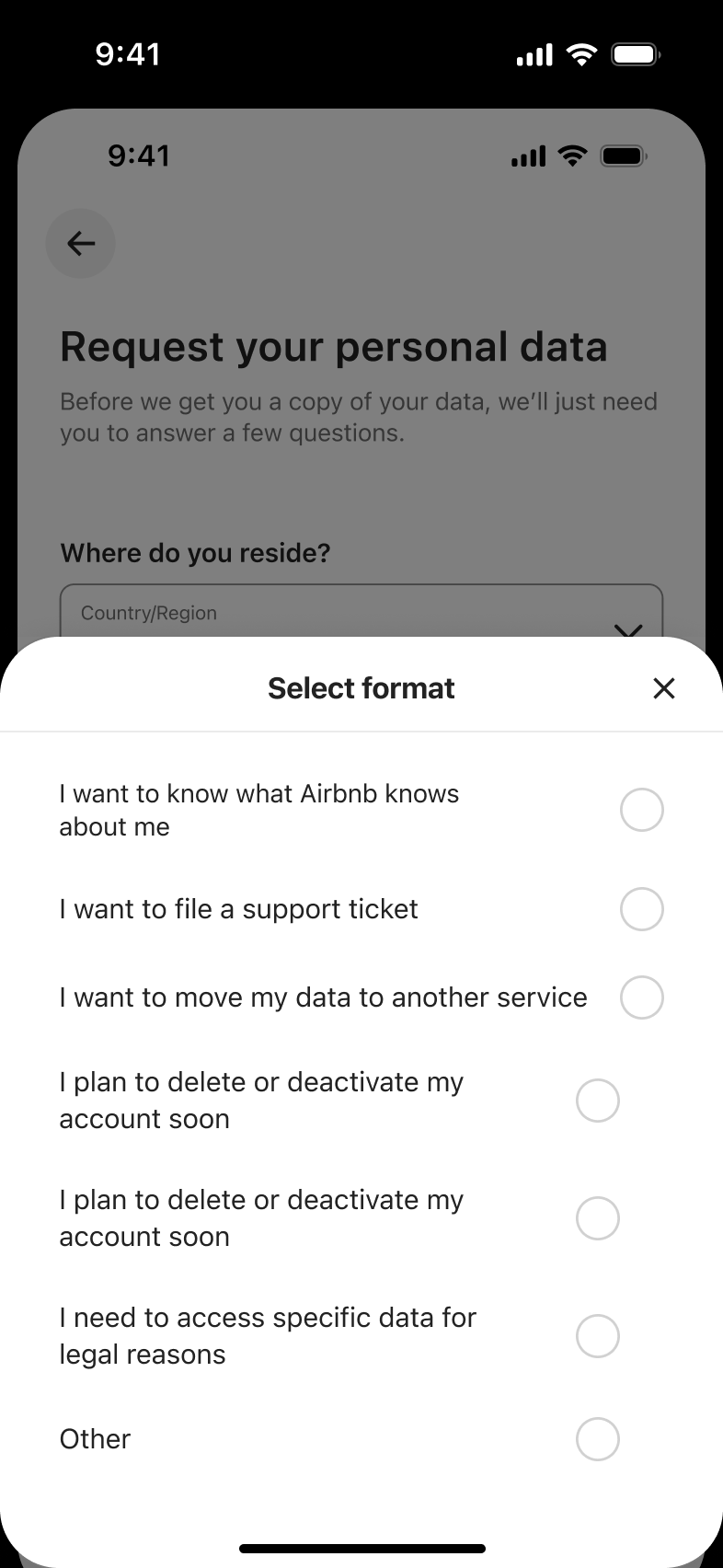 Select reason sheet for requesting personal data.