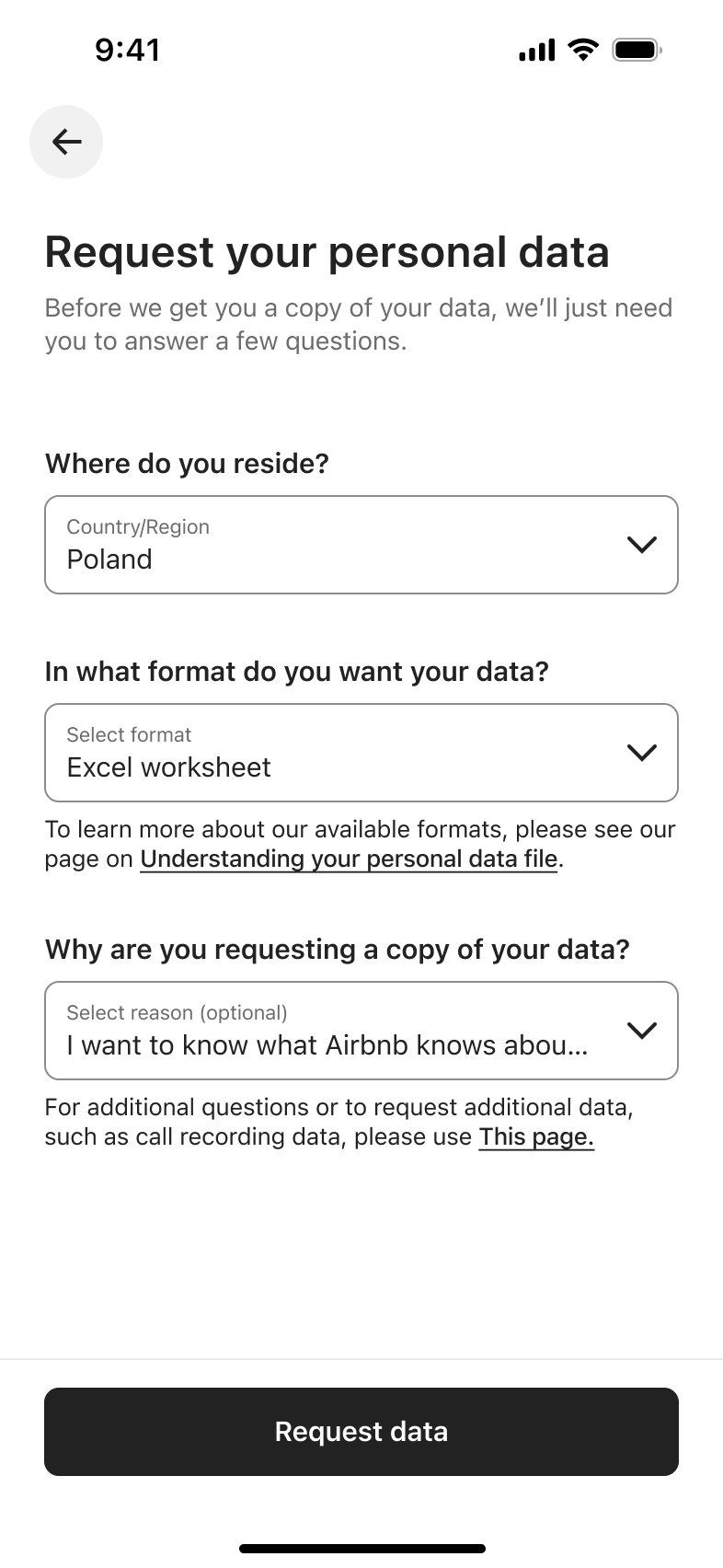 Completed personal data request form ready to submit.