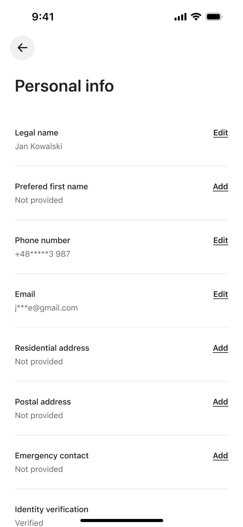 Personal info list: legal name, preferred name, phone, email, addresses and emergency contact with edit or add links.