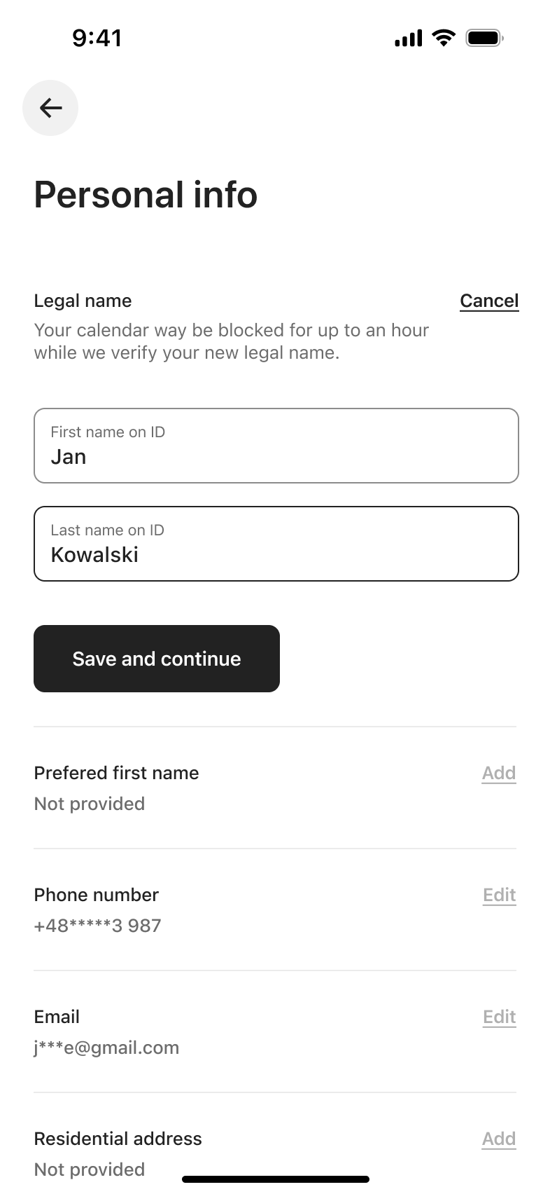 Legal name edit filled with save and continue button; other rows disabled.