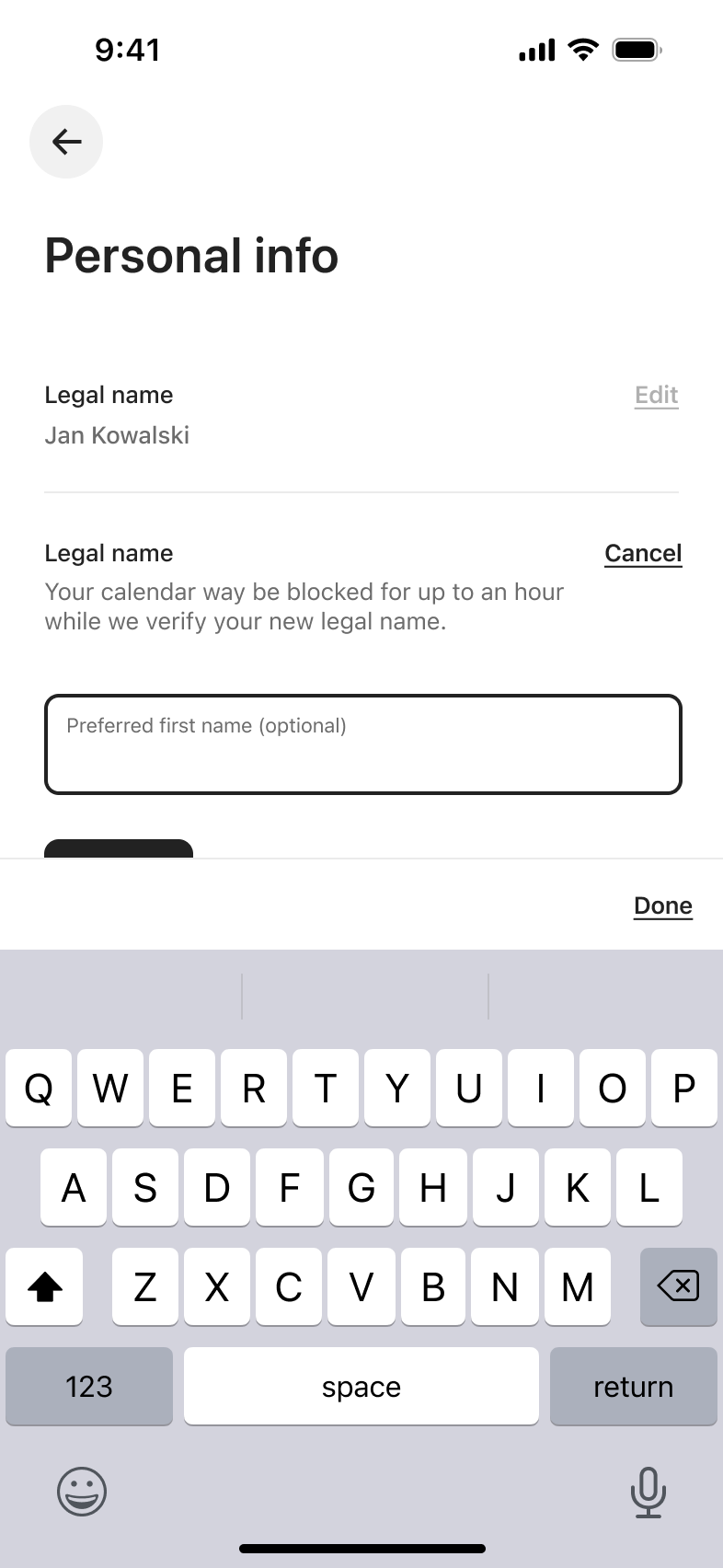 Preferred first name field focused with keyboard.