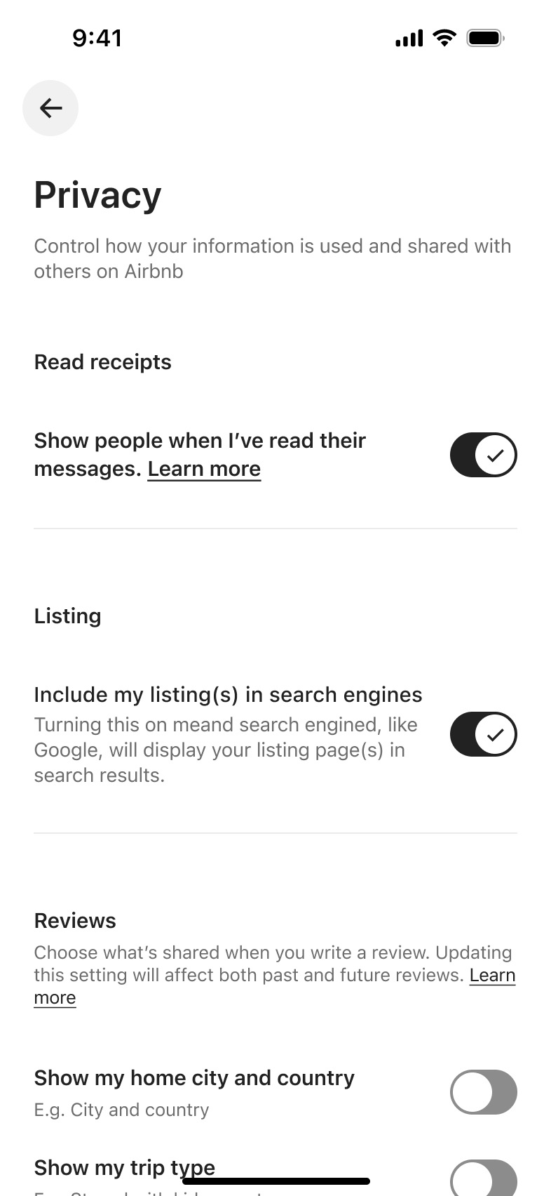 Privacy settings: read receipts, search engine listing and review display toggles.
