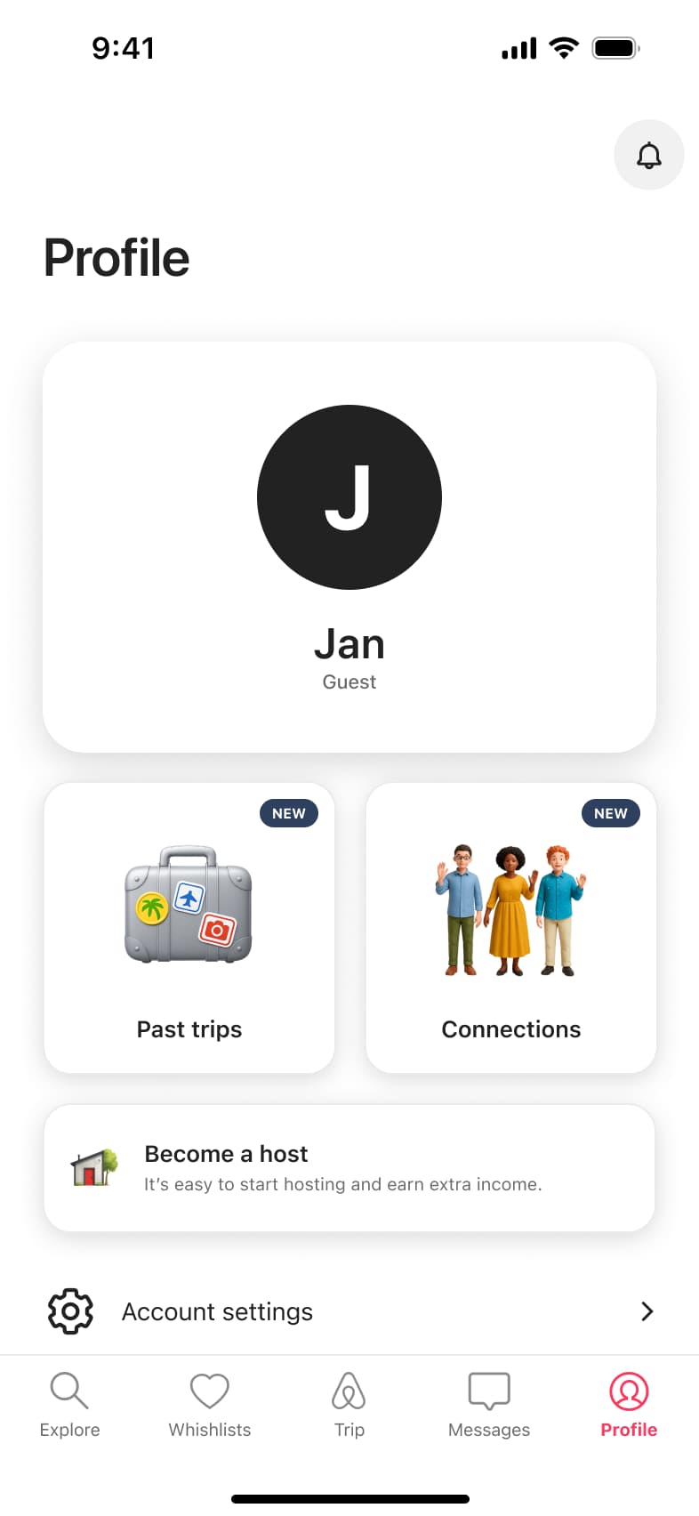 Profile with avatar card, past trips and connections tiles, become a host card and account settings row.