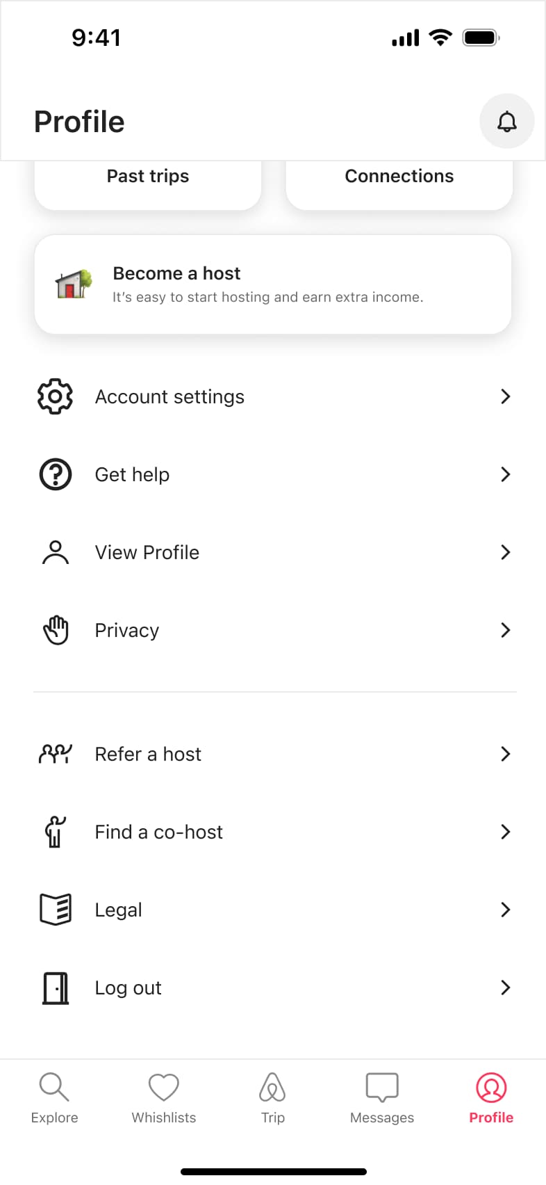Profile scrolled to menu rows: account settings, get help, view profile, privacy, refer a host, legal and log out.