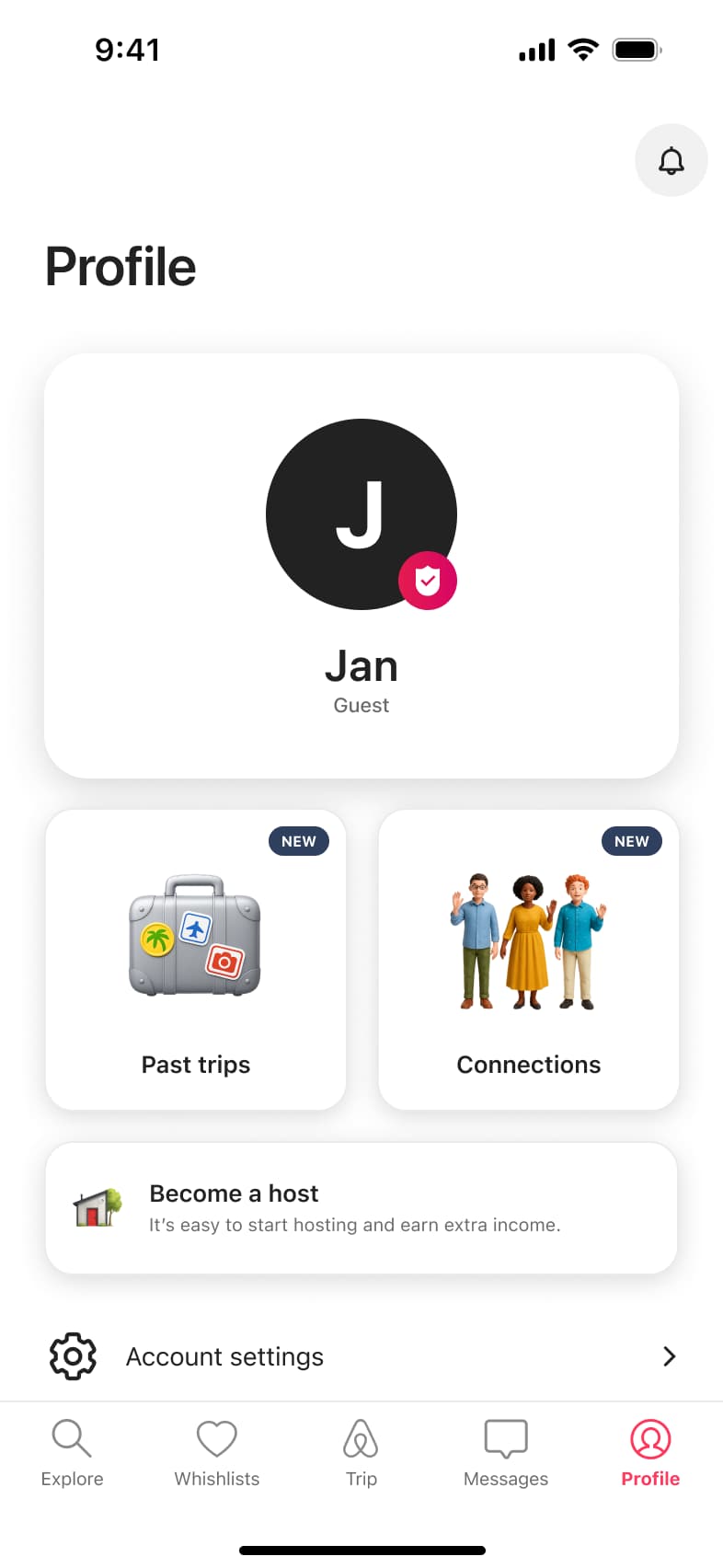 Profile with verified badge on avatar, past trips and connections tiles and become a host card.