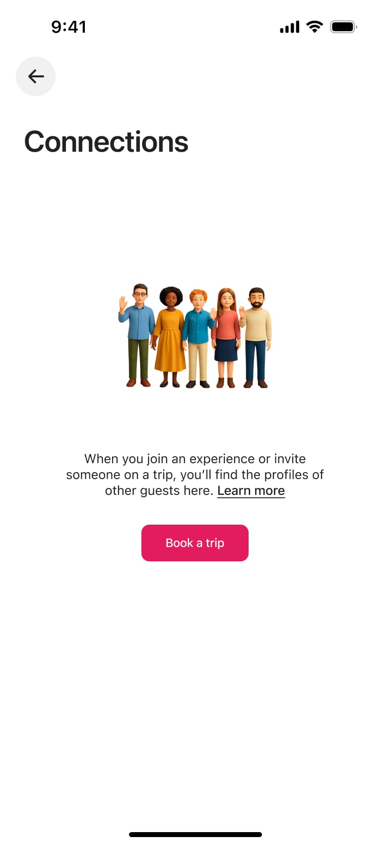 Connections empty state explaining guest profiles appear after trips, with book a trip button.