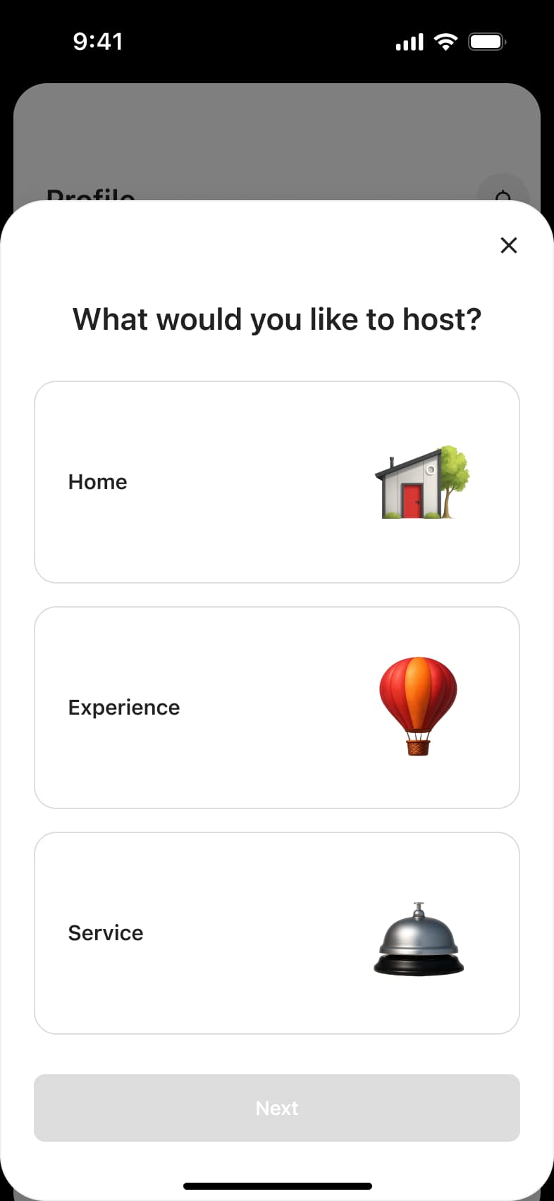 What would you like to host sheet: home, experience or service choice cards.