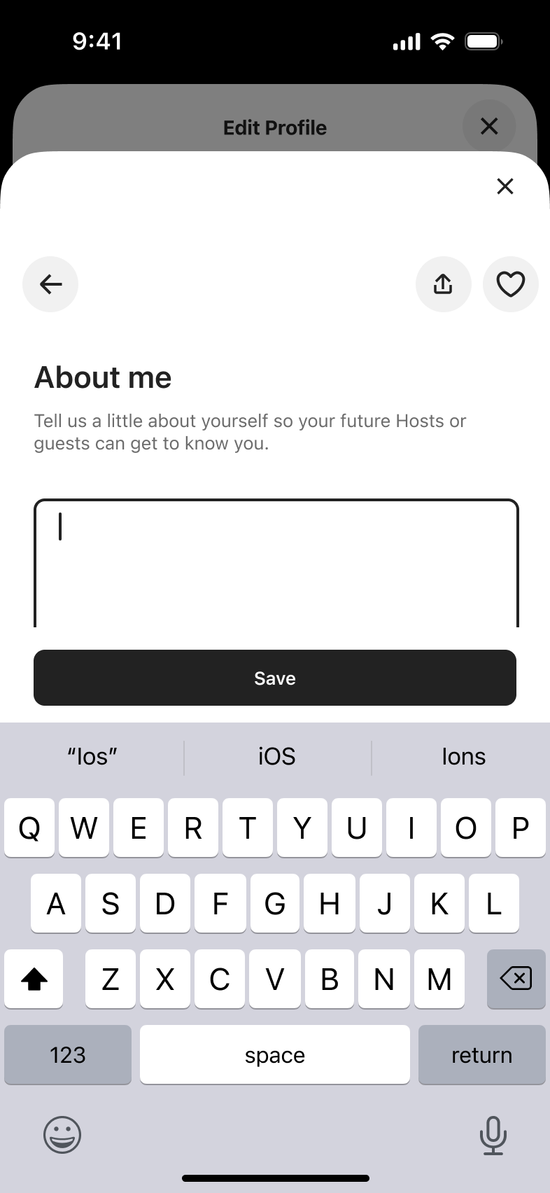 About me sheet with empty text area and keyboard.