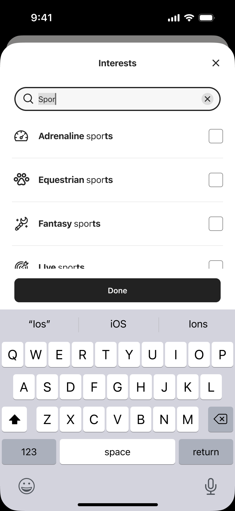 Interest search narrowed to sports-related results.