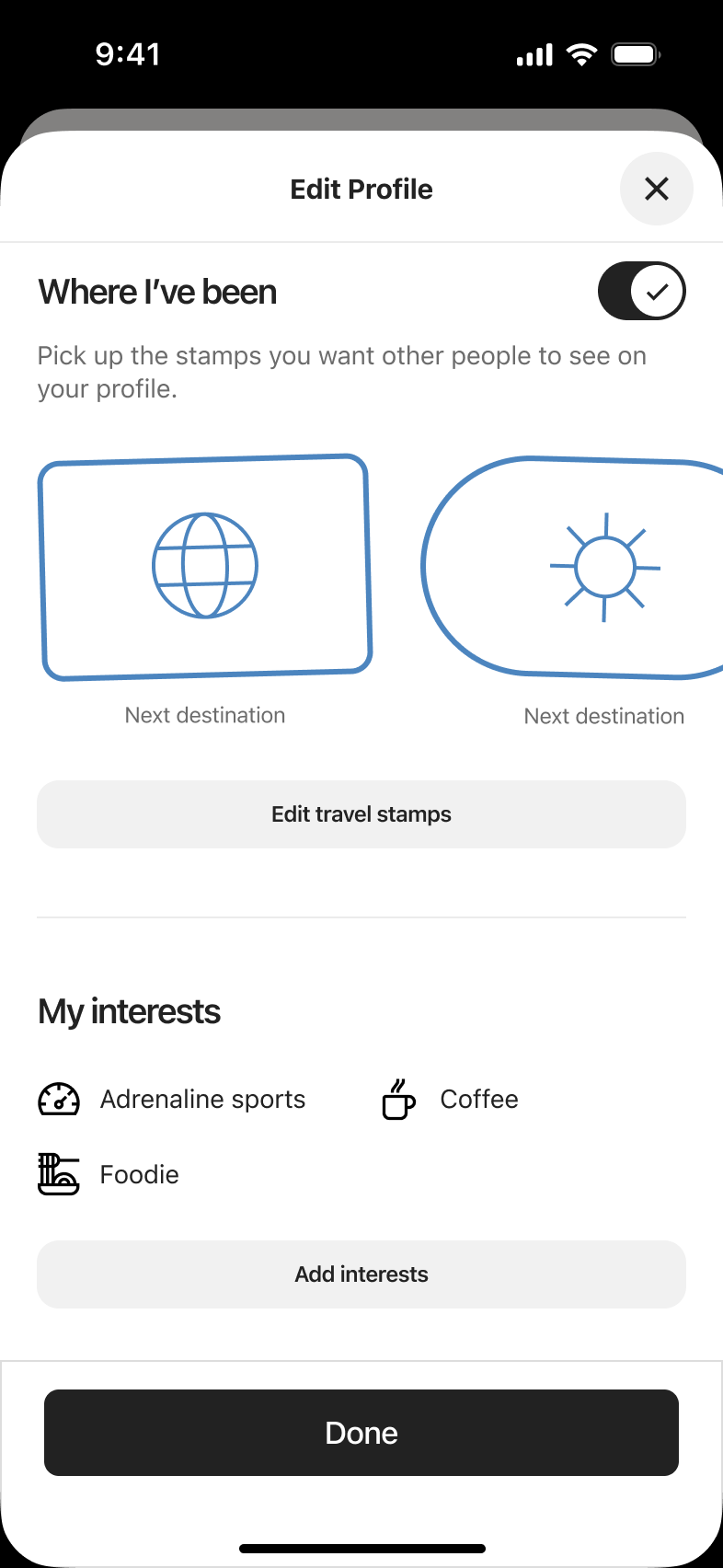 Edit profile with chosen interests listed.