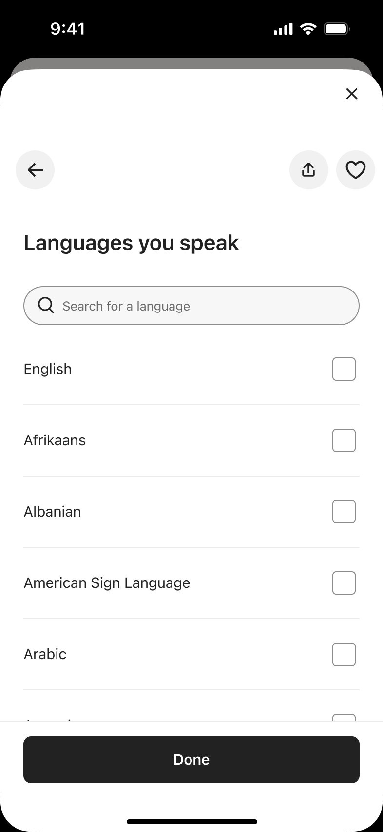 Languages you speak sheet with search field and language checkboxes.
