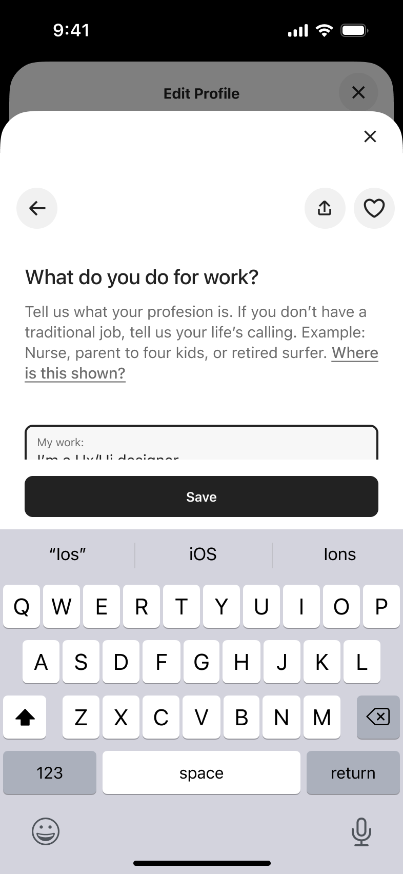 Work answer typed in the profile prompt sheet.