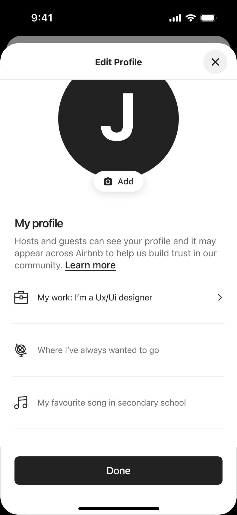 Edit profile showing the saved work answer.