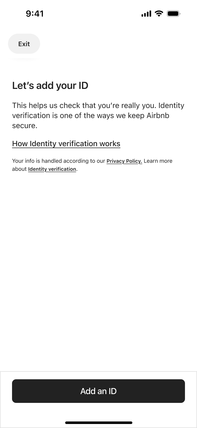 Let's add your ID: identity verification intro with how it works link and add an ID button.