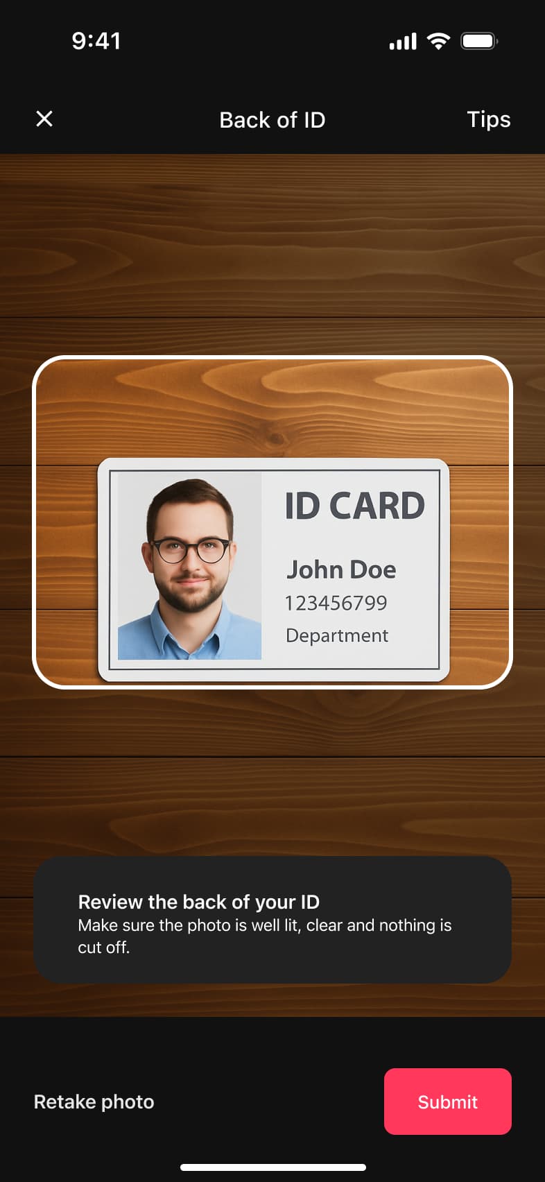 Review the back of your ID photo with retake and submit.
