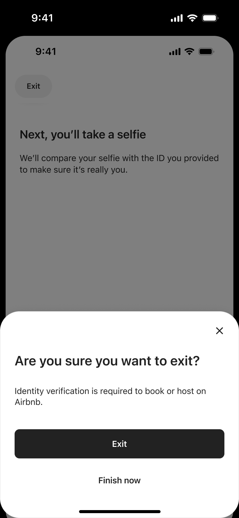 Are you sure you want to exit identity verification sheet with exit and finish now.