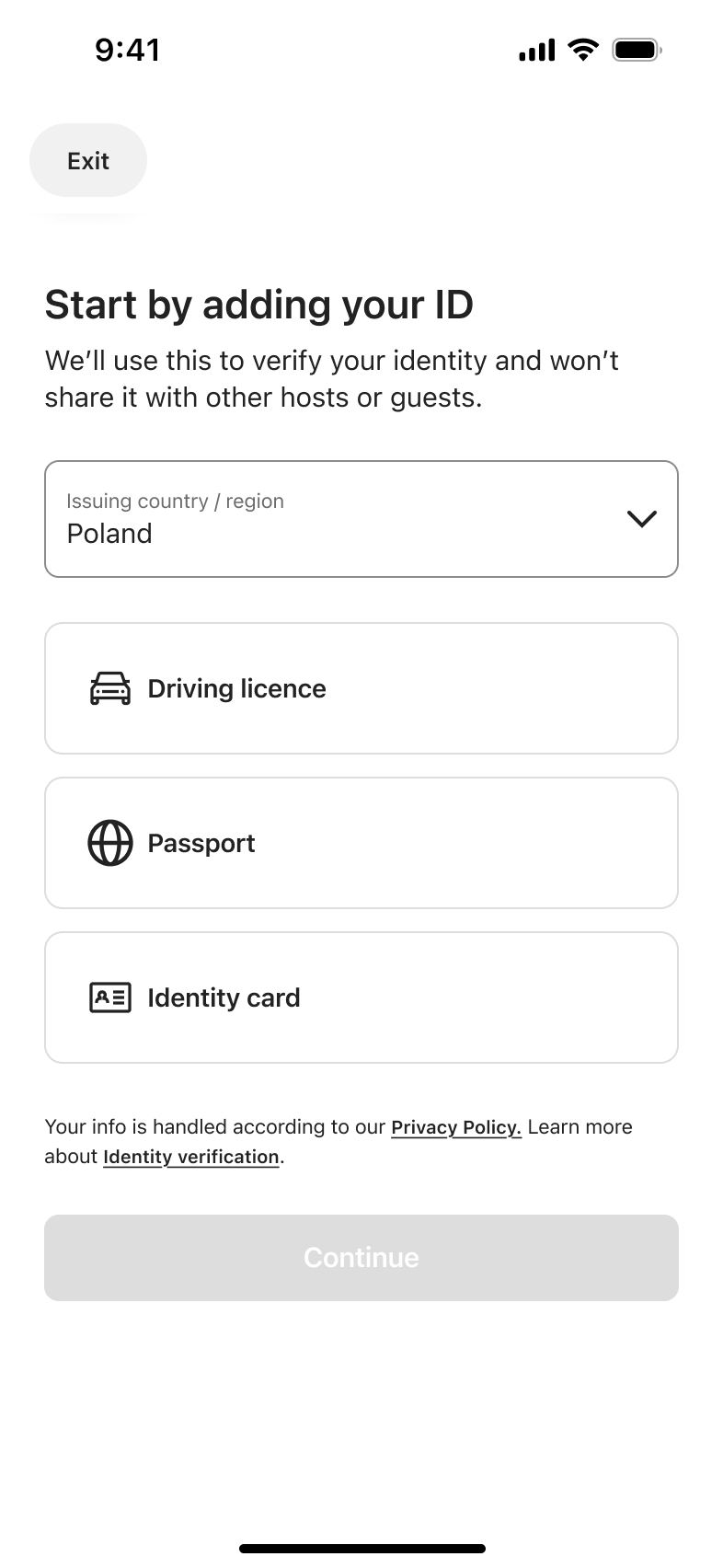 Start by adding your ID: issuing country picker and driving licence, passport or identity card options.