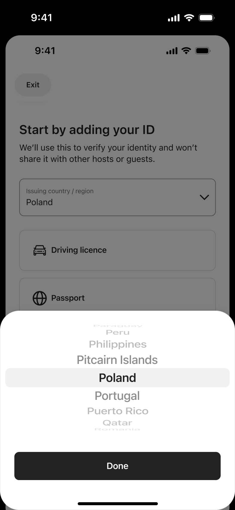 Issuing country wheel picker sheet over the ID type selection.
