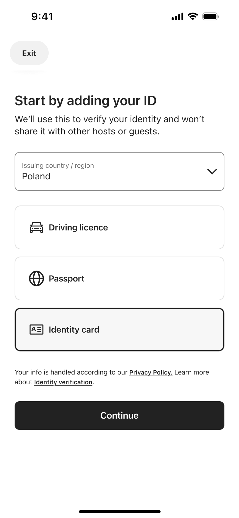 Identity card selected as ID type with continue button enabled.