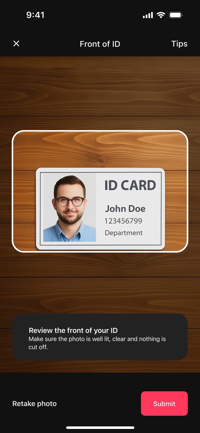 Review the front of your ID photo with retake and submit options.