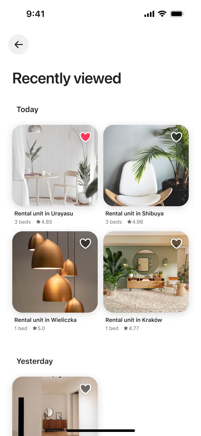Recently viewed listings grouped by day in a two-column grid.