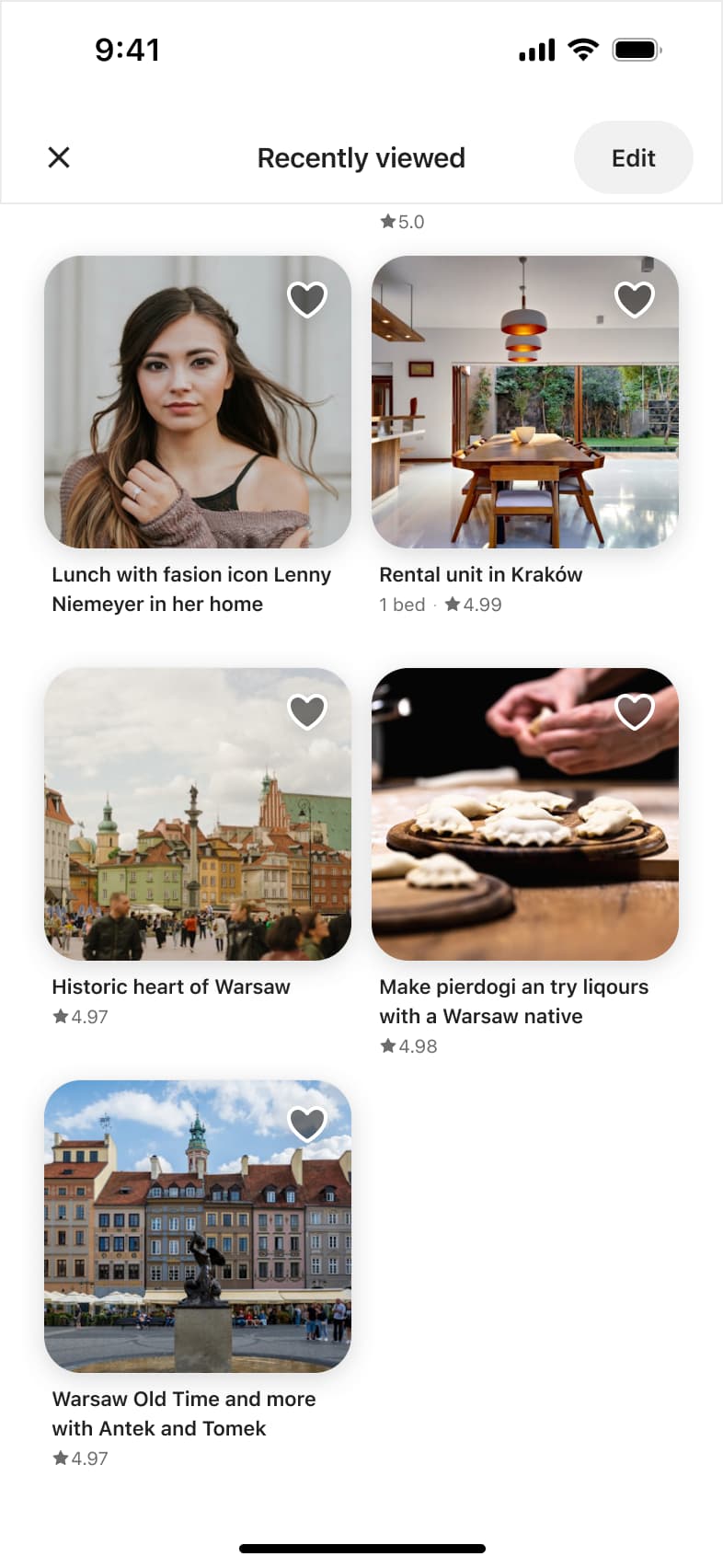 Recently viewed experiences grid scrolled, with edit button.
