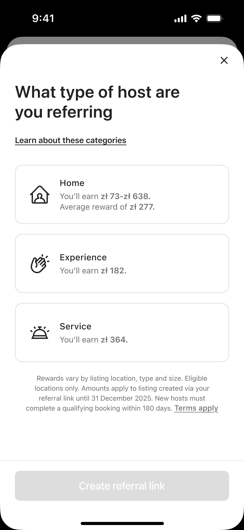What type of host are you referring: home, experience or service, with reward amounts.