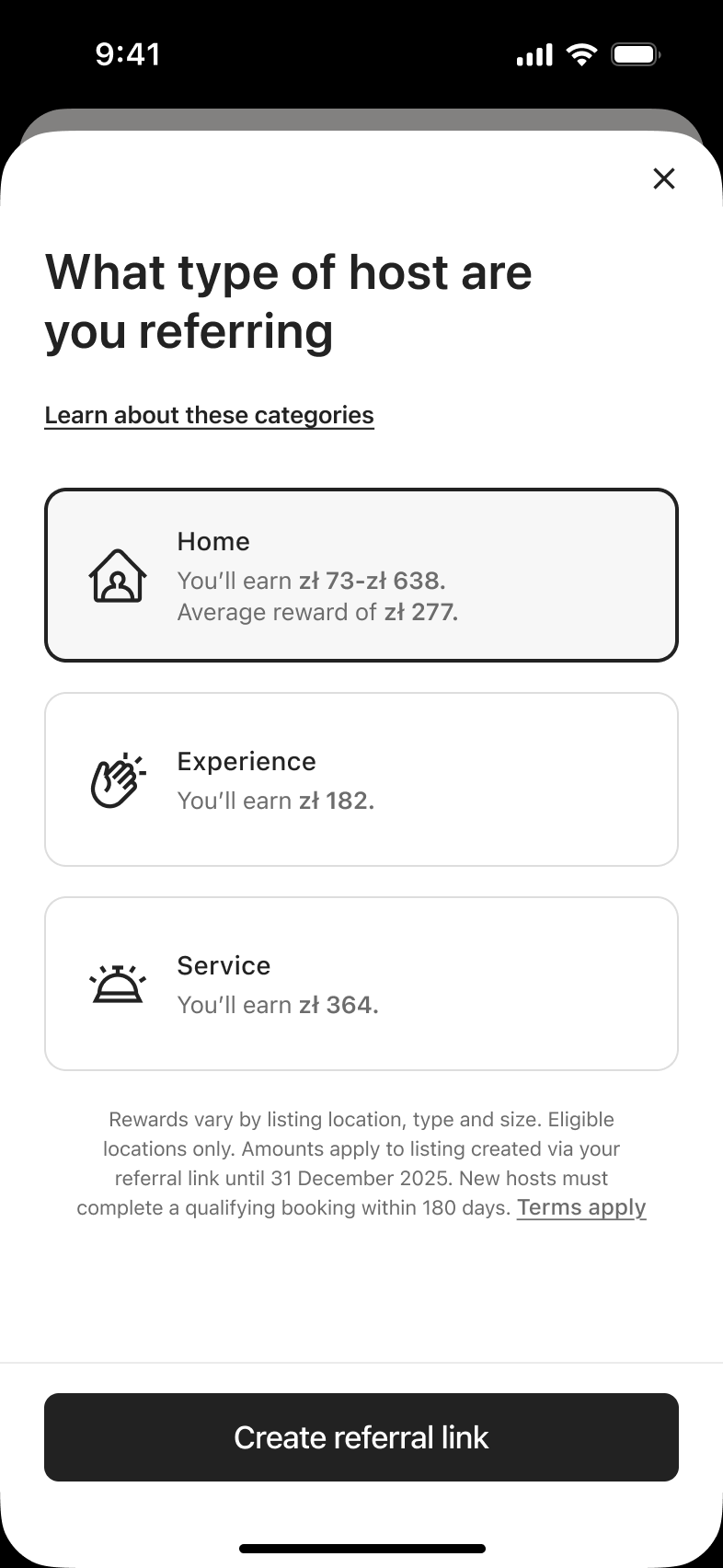Home host type selected, create referral link enabled.